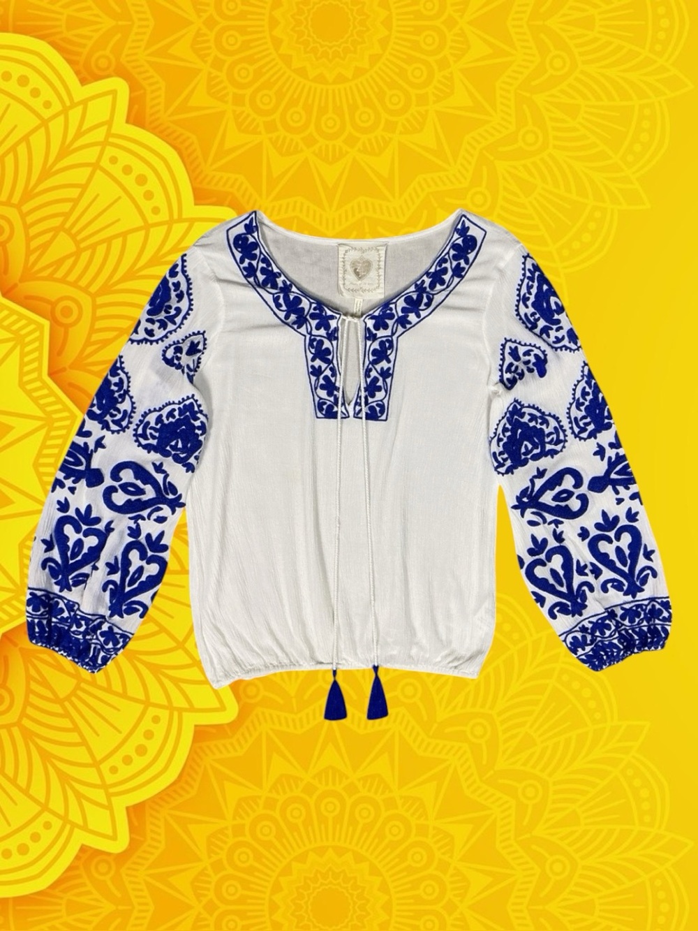 Z & L Boho Coastal Grandma Festival Embroidered Tassel Casual Peasant Top M
